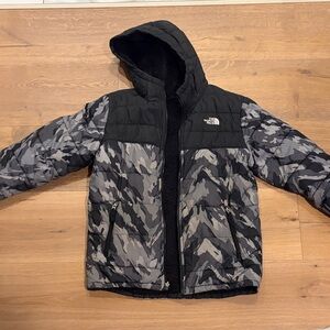 The North Face Black and Gray Camo Puffer Jacket